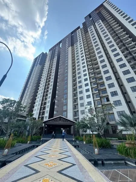 Exterior type: high-rise condominium; features: tall building with multiple floors, glass curtain wall, decorative entrance with canopy, landscaped pathway with tiles, manicured garden with plants, modern architectural design, balconies on upper floors, surrounding greenery; style: modern.