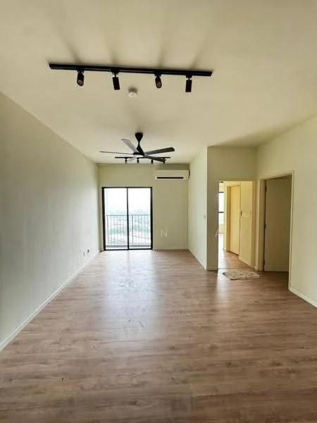Living features: laminate flooring, light grey painted walls, 5-blade ceiling fan with light, recessed LED downlights, floor-to-ceiling sliding glass door, balcony access, air conditioning unit, neutral area rug; style: modern; view: city.