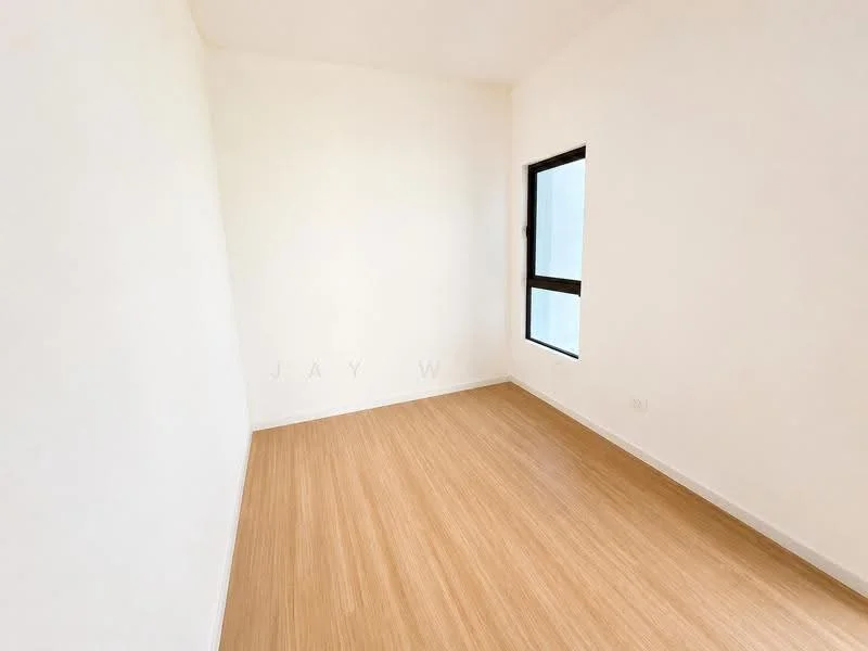 Room features: white painted walls, light wood laminate flooring, single window, minimalist design; style: minimalist.