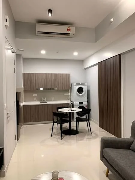 Living features: wall-mounted split AC, recessed LED downlights, grey fabric sofa, round dining table, black dining chairs, kitchenette with wood cabinetry, built-in oven, stainless-steel sink, washing machine, white walls, glossy tile flooring; style: modern.