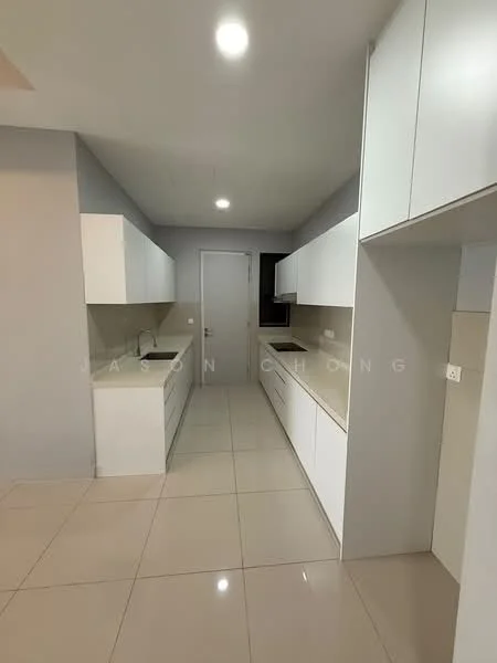 Kitchen features: white cabinetry, laminate countertop, single-bowl stainless-steel sink, chrome pull-down faucet, ceramic tile flooring, recessed downlights, wall-mounted cabinets, open shelving, neutral wall colour, modern design; style: modern.