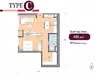 Floor plan: 2-bedroom 1-bathroom unit; features: open-plan kitchen-dining-living, master bedroom with ensuite bathroom, bedroom 2 with shared bathroom, balcony off living room, utility room, central foyer.