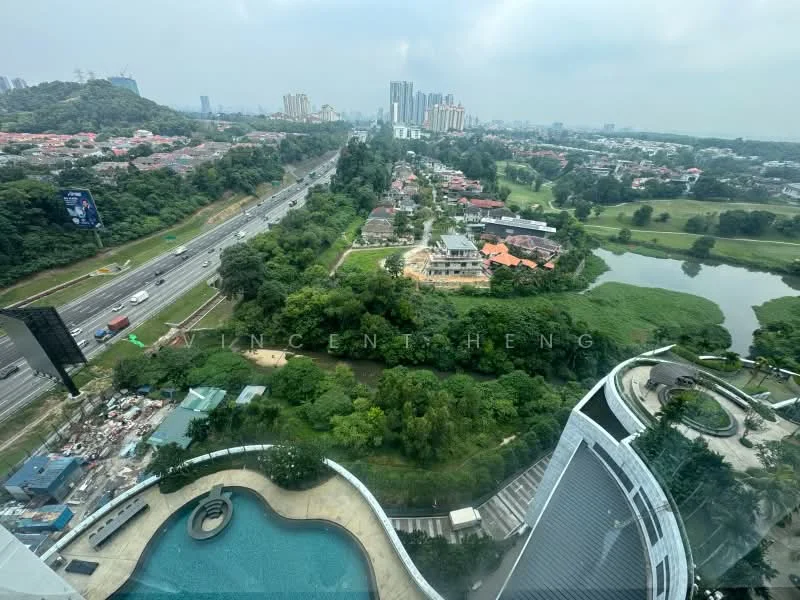 Exterior type: high-rise condominium; features: infinity pool, landscaped garden, city skyline view, surrounded by greenery, highway visible, water body, urban context; style: modern.