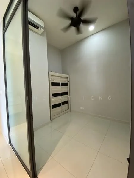Room features: white painted walls, glossy tile flooring, 5-blade ceiling fan, wall-mounted split AC, glass sliding door, built-in wardrobe with multiple shelves, recessed lighting; style: modern.