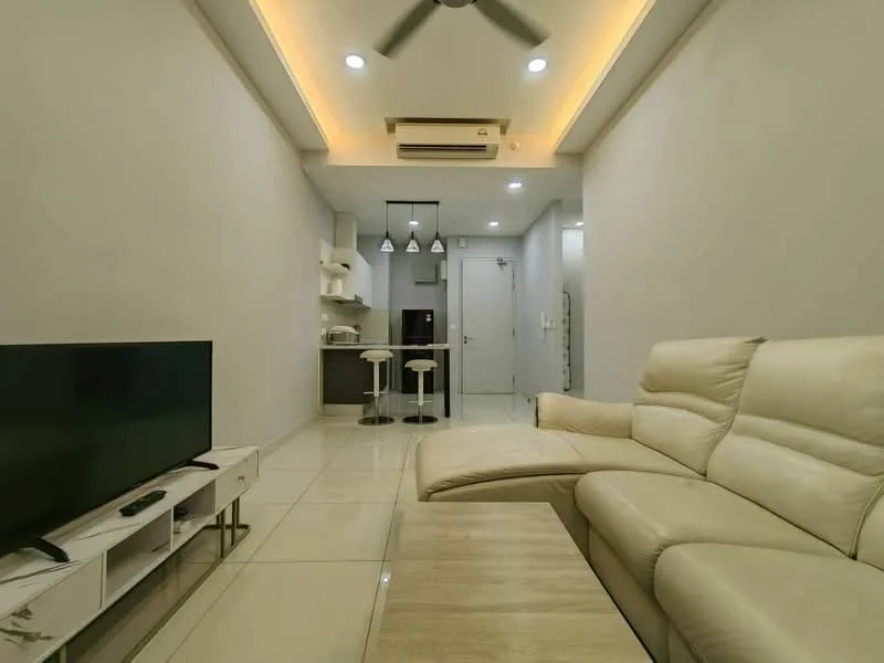 Living features: cream leather sectional sofa, wooden coffee table, wall-mounted TV, TV console with storage, recessed ceiling lights, ceiling fan with light, white painted walls, glossy tile flooring, open-plan layout to kitchen, bar stools at kitchen counter, air conditioning unit; style: modern. Kitchen features: white cabinetry, black appliances, kitchen counter with bar stools, open shelving, recessed lighting; style: modern.