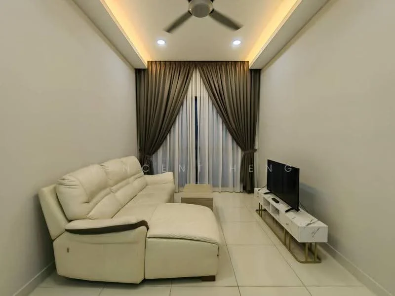 Living features: L-shape sectional sofa in white leather, coffee table, TV console in white with gold legs, wall-mounted TV, floor-to-ceiling windows, sheer curtains, dark brown heavy drapes, recessed LED downlights, ceiling fan with light, glossy white tile flooring, neutral painted walls; style: modern.