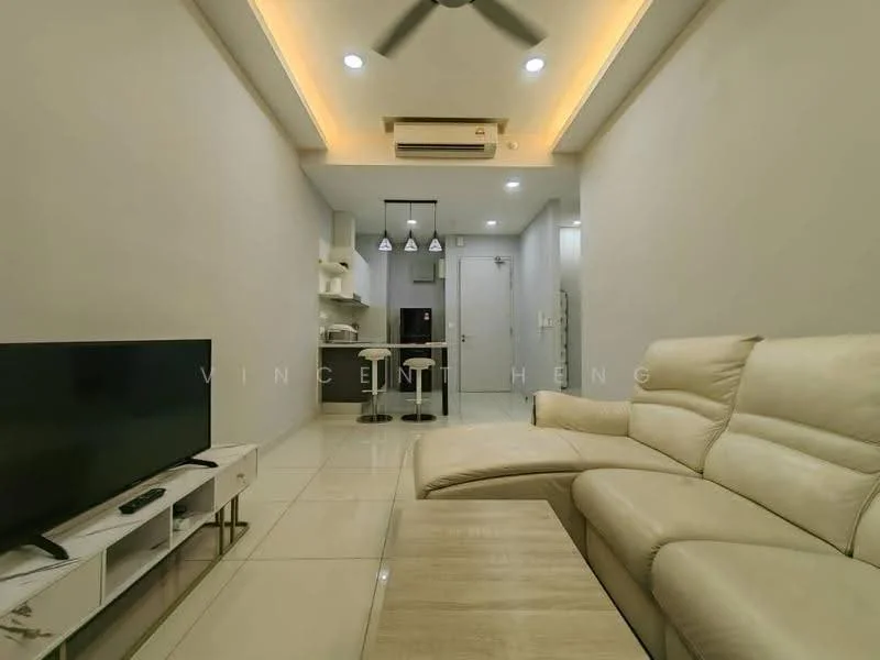 Living features: 3-seater leather sofa in cream, coffee table, wall-mounted TV, TV console, recessed downlights, ceiling fan, white painted walls, glossy tile flooring, open-plan layout to kitchen, dining area with bar stools, kitchen island, pendant lighting above dining area; style: modern.