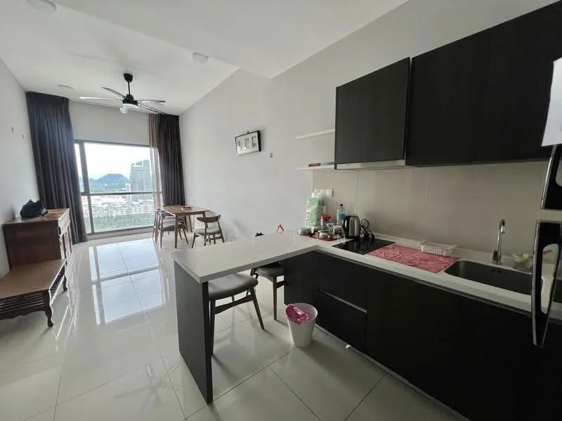 Kitchen features: black cabinetry, white countertop, stainless-steel sink, chrome pull-down faucet, built-in refrigerator, freestanding range oven, microwave, pendant light, floor-to-ceiling windows, dining table with chairs, ceramic tile flooring, white painted walls, ceiling fan; style: modern; view: city.