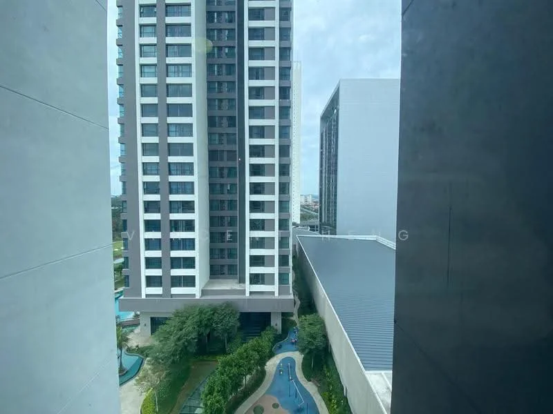 Exterior type: high-rise condominium; features: glass curtain wall, projecting balconies, manicured lawn, tropical landscaping, swimming pool deck, children's playground, jogging track; style: modern.