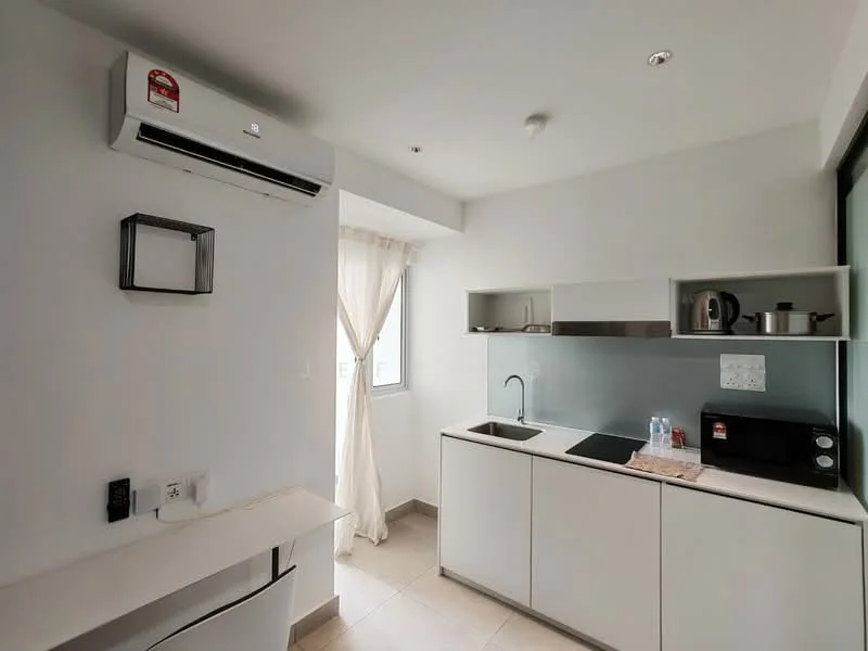 Kitchen features: white cabinetry, single-bowl stainless-steel sink, chrome pull-down faucet, black countertop, glass backsplash, built-in microwave, black toaster, 2-burner electric hob, refrigerator, wall-mounted split AC, window with sheer curtains, light-colored tile flooring, open shelving; style: modern.