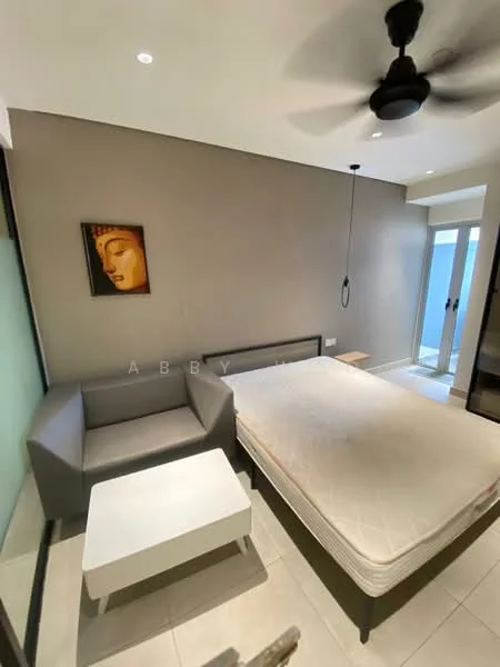 Bedroom features: queen-size bed, upholstered headboard, 2-seater grey fabric sofa, white side table, ceiling fan with light, wall-mounted artwork, sliding glass door, tile flooring, neutral painted walls, built-in wardrobe; style: modern.