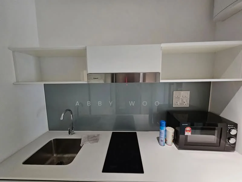 Kitchen features: single-bowl stainless-steel sink, chrome pull-down faucet, glass backsplash, white cabinetry, built-in oven, freestanding microwave, induction cooktop, open shelving; style: modern.