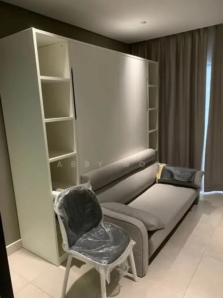 Room features: grey fabric sofa, white wall-mounted shelving unit, curtains, tile flooring, plastic covering on chair, neutral wall color, recessed lighting; style: modern.