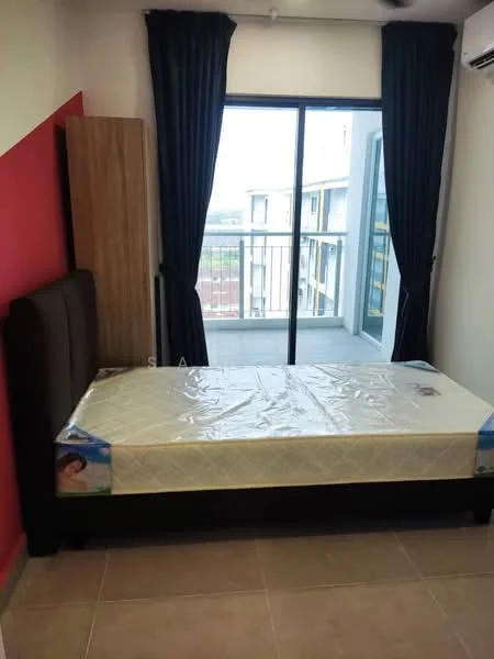 Bedroom features: single bed frame, mattress with plastic cover, black upholstered headboard, wooden wardrobe, floor-to-ceiling windows, sliding glass door, blackout curtains, tile flooring, air conditioning unit; style: modern; view: city.