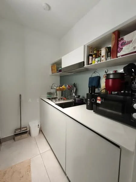 Kitchen features: white cabinetry, marble countertop, double-bowl stainless-steel sink, chrome pull-down faucet, built-in microwave, freestanding range oven, toaster, coffee machine, open shelving, tile flooring, wall-mounted storage, kitchen utensils, various condiments, fruit bowl; style: modern.