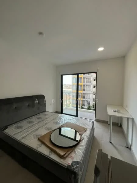 Bedroom features: queen-size bed, upholstered headboard, floor-to-ceiling windows, sliding glass door, white painted walls, light-colored tile flooring, recessed downlights, small table, mirror on table, balcony view; style: modern; view: city.