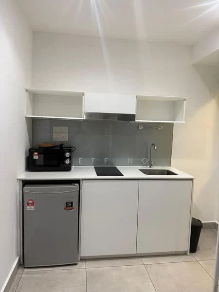Kitchen features: white cabinetry, stainless-steel sink, chrome pull-down faucet, black countertop, built-in electric cooktop, microwave, stainless-steel fridge, tile backsplash, grey tile flooring, open shelving; style: modern.