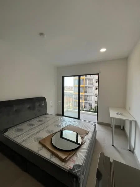Bedroom features: queen-size bed, upholstered headboard, floor-to-ceiling windows, sliding glass door, white painted walls, tile flooring, recessed downlights, small study table, decorative mirror on table; style: modern; view: city.