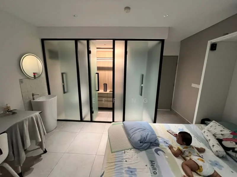 Bedroom features: king-size bed, upholstered headboard, bedside table, wall-mounted mirror, sliding glass door, frosted glass partition, white painted walls, tile flooring, recessed downlights, decorative wall art, baby on bed, folding chair; style: modern. Bathroom features: single-bowl sink, chrome faucet, wall-mounted mirror, shower area with glass enclosure, tile cladding, toilet, light fixture; style: modern.