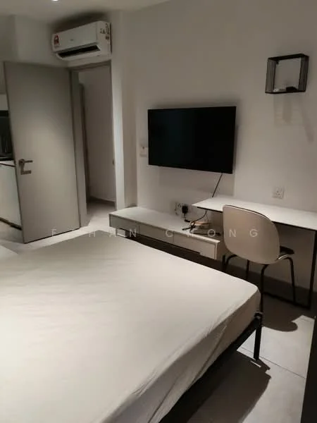 Bedroom features: queen-size bed, wall-mounted TV, study desk with chair, built-in wardrobe, 1 wall-mounted split AC, light fixture on wall, neutral painted walls, tile flooring; style: modern.