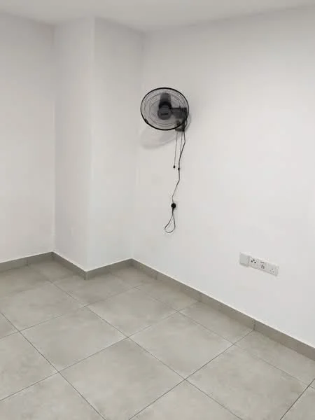 Room features: white painted walls, tile flooring, ceiling fan, electrical outlet, light switch.