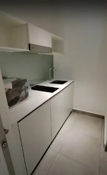 Kitchen features: white cabinetry, double-bowl stainless-steel sink, chrome pull-down faucet, white countertop, glass backsplash, built-in kitchen appliances, tile flooring, under-cabinet lighting; style: modern.