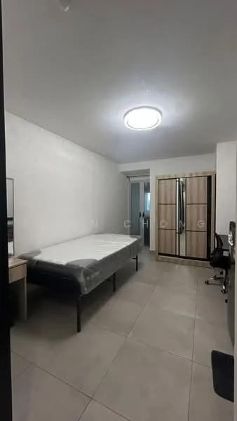 Bedroom features: queen-size bed with mattress protector, built-in wardrobe with sliding doors, desk with chair, floor-to-ceiling window, light grey tiled flooring, recessed ceiling light, white painted walls, mirror on dresser; style: modern.