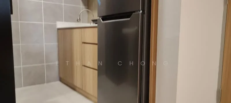 Kitchen features: stainless-steel fridge, wood cabinetry, white countertop, single-bowl stainless-steel sink, chrome pull-down faucet, grey tiled backsplash, ceramic tile flooring, recessed downlights; style: modern.