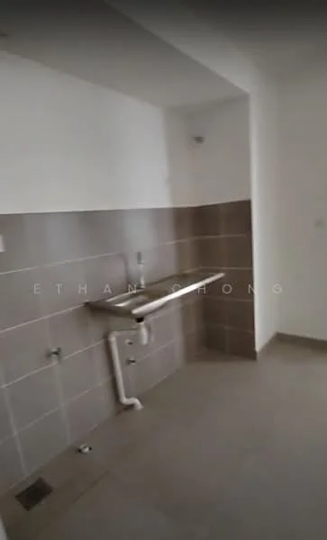 Laundry features: white painted walls, light grey tiled walls, light grey floor tiles, sink with faucet, drainage pipe, wall-mounted light fixture, empty space for appliances.