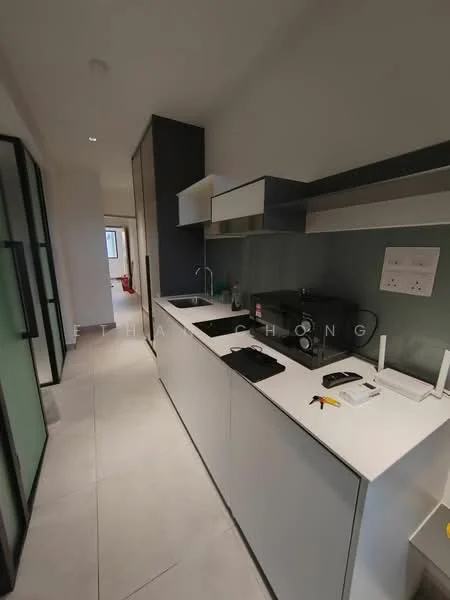 Kitchen features: white cabinetry, black countertop, stainless-steel sink, chrome pull-down faucet, built-in stove, built-in oven, glass backsplash, tile flooring, recessed downlights, open shelving, kitchen island, wall-mounted appliances; style: modern.