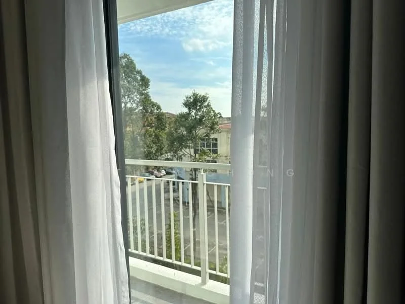 Room features: sheer curtains, balcony, glass sliding door, view of trees, view of parking area, natural light, concrete flooring; view: garden.