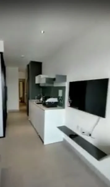 Living features: white painted walls, light grey tile flooring, recessed downlights, wall-mounted TV, floating TV console, open kitchen layout, kitchen island, built-in cabinetry, stainless-steel appliances; style: modern.
