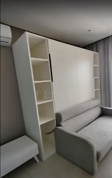 Living features: grey fabric sofa, white wall-mounted shelving unit, light-colored walls, floor-to-ceiling curtains, air conditioning unit, neutral tile flooring; style: modern.
