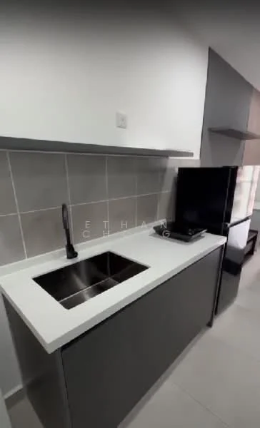 Kitchen features: single-bowl stainless-steel sink, chrome pull-down faucet, white quartz countertop, grey cabinetry, black refrigerator, grey tiled backsplash, wall-mounted shelf, ceramic tile flooring; style: modern.