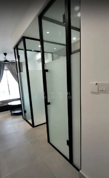 Room features: glass partition walls, black metal framing, light grey tiled flooring, recessed ceiling lights, curtains, air conditioning unit, neutral wall colour, open layout; style: modern.