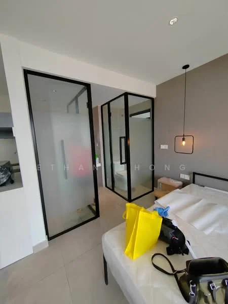 Bedroom features: glass sliding doors, grey accent wall, white walls, recessed downlights, pendant light, tile flooring, queen-size bed, bedside table, decorative items, large window, built-in wardrobe; style: modern.