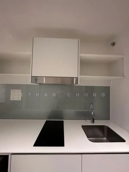 Kitchen features: white cabinetry, stainless-steel sink, chrome pull-down faucet, glass backsplash, built-in oven, induction cooktop, exhaust hood, open shelving; style: modern.