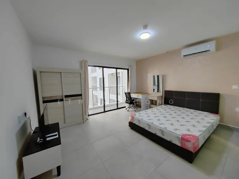 Bedroom features: queen-size bed, upholstered headboard, built-in wardrobe, study desk, chair, wall-mounted TV, floor-to-ceiling windows, curtains, air conditioning unit, tile flooring, light fixture, decorative wall, neutral wall color; style: modern.