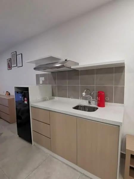 Kitchen features: single-bowl stainless-steel sink, chrome pull-down faucet, white countertop, grey tile backsplash, wood cabinetry with flat-panel design, black refrigerator, stainless-steel range hood, light grey floor tiles, wall-mounted electrical outlet, decorative wall art; style: modern.