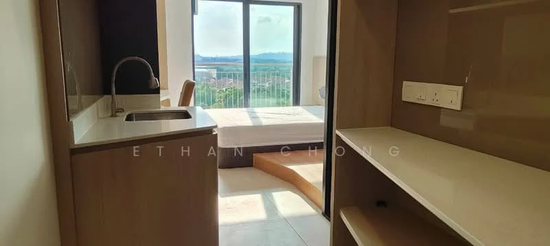 Room features: single-bowl stainless-steel sink, chrome pull-down faucet, light-colored countertop, wood cabinetry, built-in shelving, large window with view, bed visible in background, tile flooring; style: modern; view: city.
