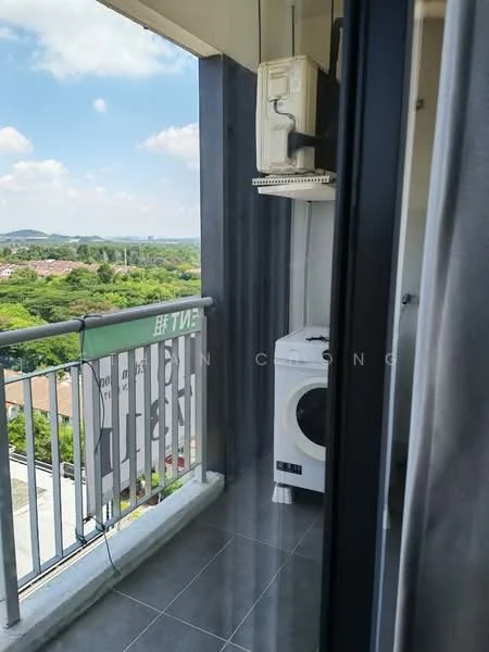 Balcony features: floor-to-ceiling sliding glass door, grey tiled flooring, washing machine, railing with metal balusters, outdoor view of greenery, wall-mounted air conditioning unit; view: garden.