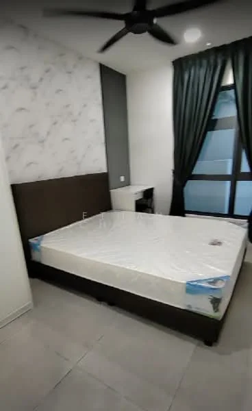 Bedroom features: queen-size bed, upholstered headboard, dark wood bed frame, white mattress, black ceiling fan, recessed ceiling lights, grey accent wall, white marble feature wall, floor-to-ceiling windows, blackout curtains, light grey tile flooring, nightstand, wall outlet; style: modern.