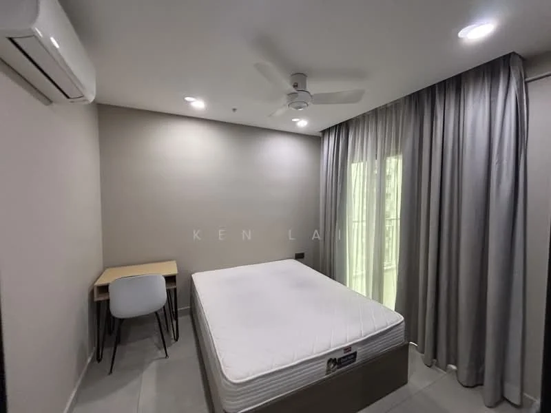 Bedroom features: queen-size bed, white mattress, ceiling fan, wall-mounted split AC, desk with chair, floor-to-ceiling windows, grey curtains, light grey painted walls, tile flooring, recessed downlights; style: modern.