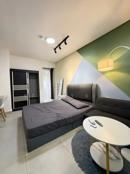 Bedroom features: king-size bed with grey bedding, upholstered headboard, black sofa, round coffee table, white lamp with shade, built-in wardrobe with sliding doors, floor-to-ceiling mirror, recessed ceiling lights, grey area rug, white walls with green accent wall, tile flooring; style: modern.
