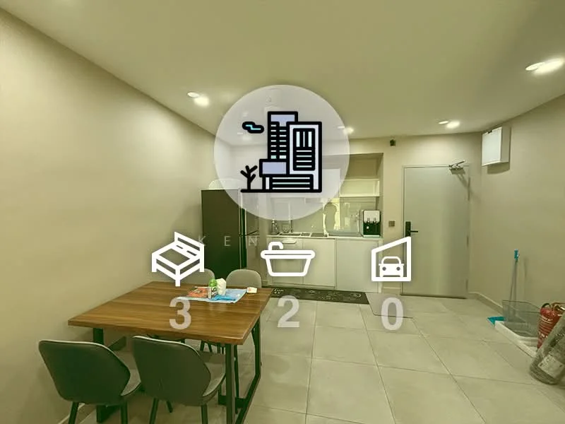 Dining features: square dining table, 4 dining chairs, stainless-steel fridge, tile flooring, white painted walls, recessed downlights, window with blinds, kitchenette area with sink, countertop, wall-mounted water dispenser; style: modern.