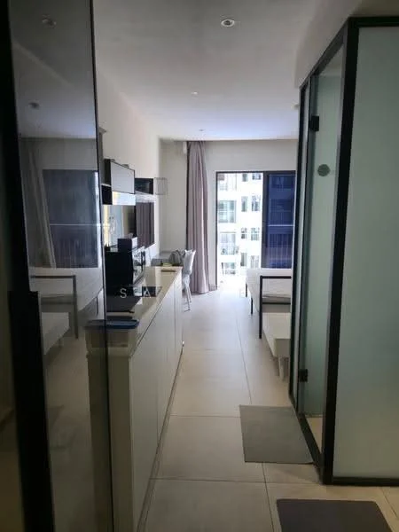 Room features: light-colored tiled flooring, white painted walls, large glass sliding door, floor-to-ceiling windows, grey curtains, built-in cabinetry, kitchenette with countertop, open layout, recessed ceiling lights; style: modern; view: city.