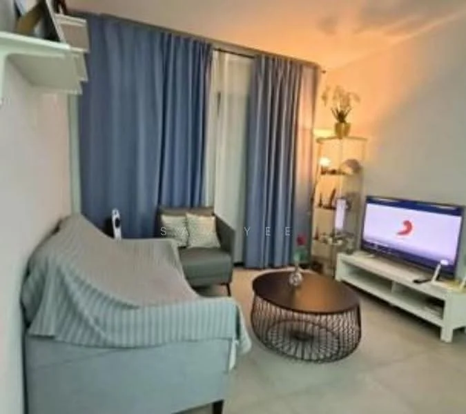 Living features: grey fabric sofa with throw blanket, accent chair in green, round coffee table with wire base, TV console in white, wall-mounted TV, light blue curtains, decorative plant on shelf, floor lamp, ceramic vase on coffee table, neutral tile flooring; style: modern.