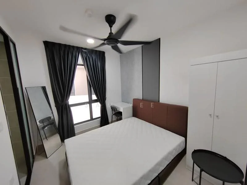 Bedroom features: queen-size bed, upholstered headboard, black ceiling fan, floor-to-ceiling window, blackout curtains, mirror, white wardrobe with sliding doors, small round side table, light-colored flooring, grey accent wall; style: modern.