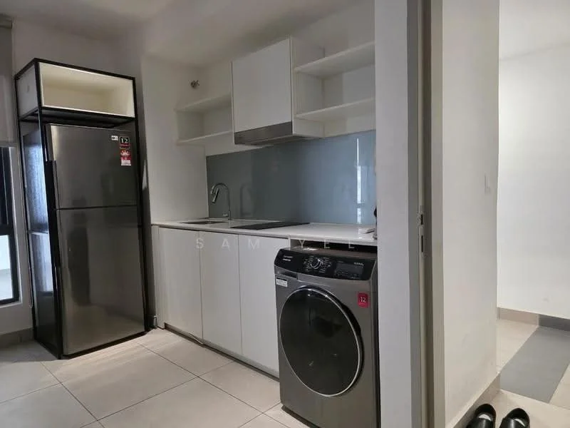 Laundry features: stainless-steel fridge, white cabinetry, grey backsplash, single-bowl stainless-steel sink, chrome pull-down faucet, front-load washing machine, tile flooring, open shelving; style: modern.