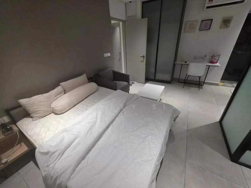 Bedroom features: queen-size bed with white bedding, upholstered headboard, nightstand with lamp, grey painted walls, tile flooring, wall-mounted air conditioning unit, study desk with chair, sliding glass door, decorative wall art, window with sheer curtains; style: modern.